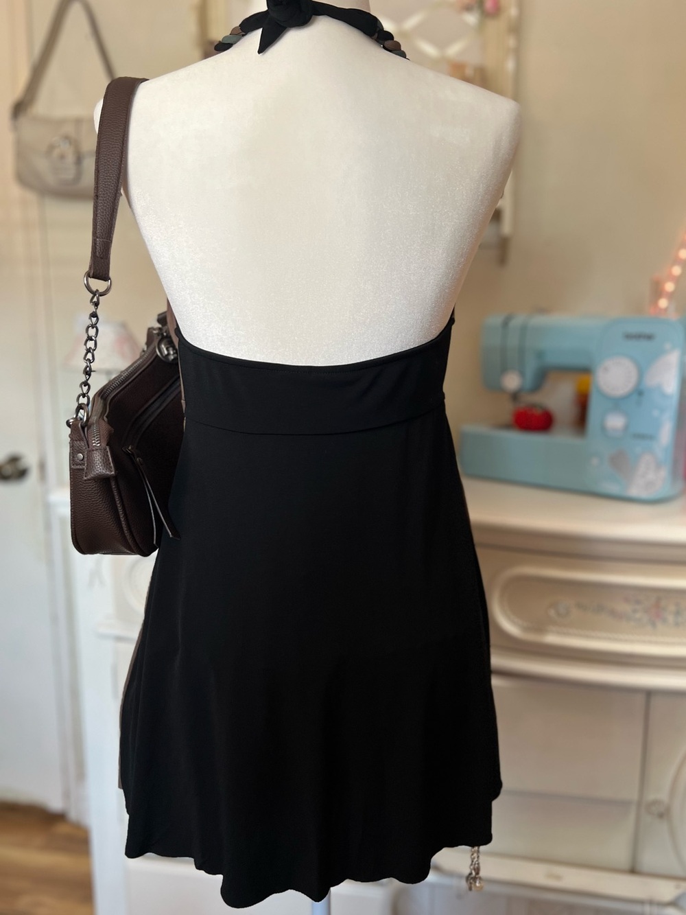 Bisou Bisou Colorblock Halter Mini Dress in Black, Olive & Brown - Picture 2 of 3